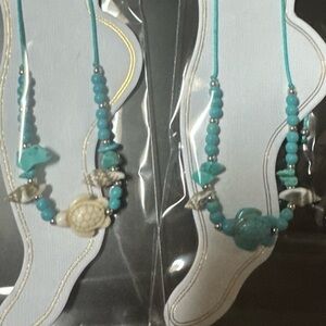 Turquoise like and Cream Beaded anklet with turtles and shells